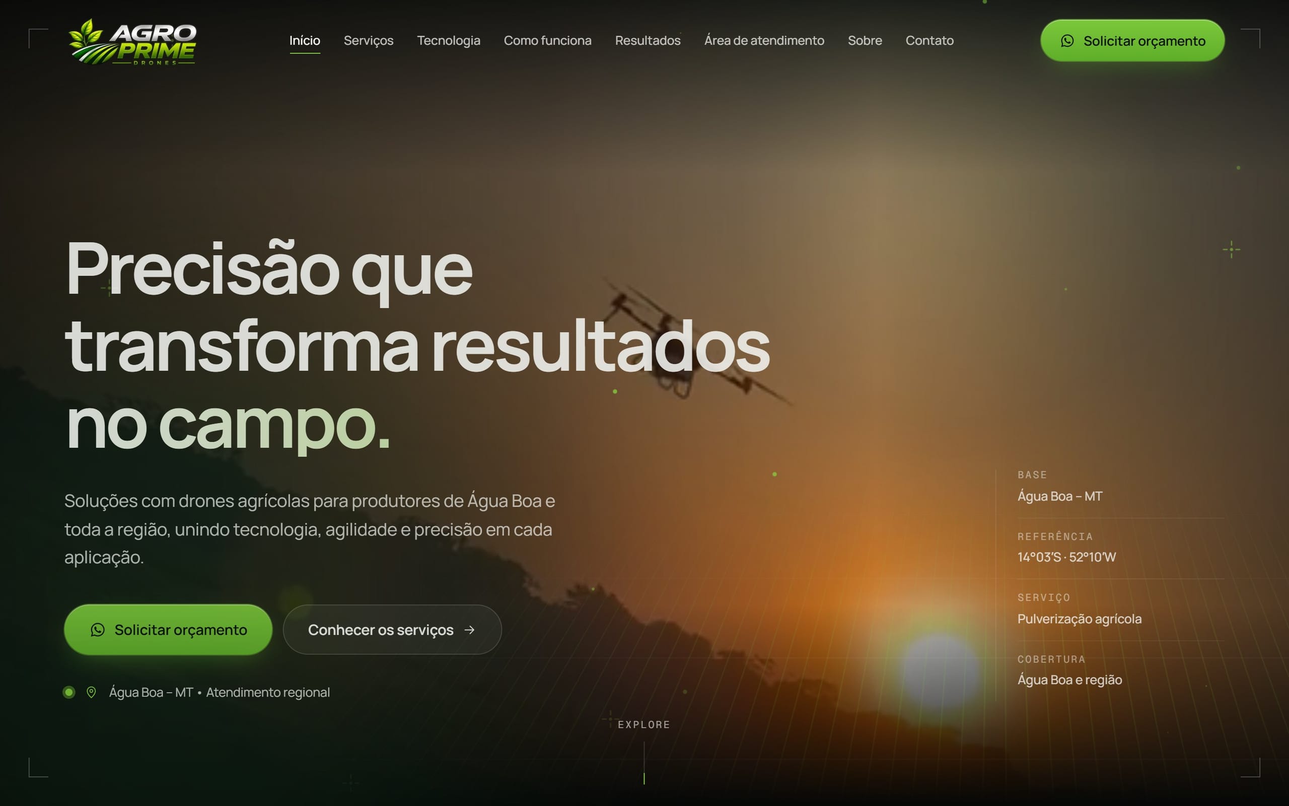 Captura de tela do site AGRO PRIME DRONES — versão Desktop